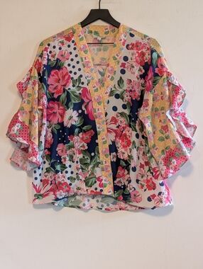 Umgee Floral Polka Dot Open Front Ruffle Sleeve Mixed Print Blouse Cottagecore